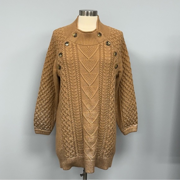 Anthropologie Pilcro Fisherman Tunic Sweater Dress Large Tan & Gold Chunky Knit - Picture 5 of 14